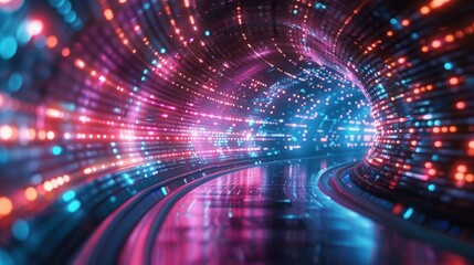Obraz premium Futuristic neon-lit tunnel with vibrant, colorful lights creating an abstract, tech-inspired pathway. Perfect for technology-themed designs.