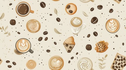Obraz premium An illustrator artwork of minimal coffee time pattern, soft pastel colors, simple and elegant design, coffee cups, beans, and pastries spread evenly across the canvas in a tiled pa
