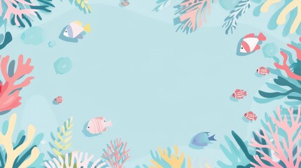 Naklejka premium An illustrator artwork of minimal fish and corals pattern, soft pastel colors, simple and elegant design, fish and corals spread around the edges with free space in the center for