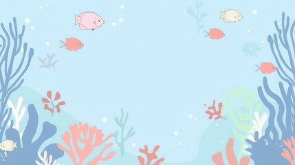 Fototapeta premium An illustrator artwork of minimal fish and corals pattern, soft pastel colors, simple and elegant design, fish and corals spread around the edges with free space in the center for
