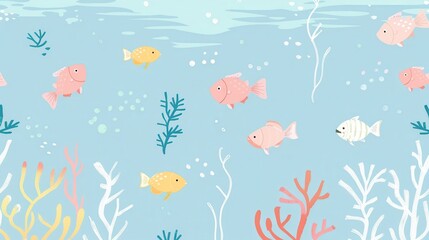 Fototapeta premium An illustrator artwork of minimal fish and corals pattern, soft pastel colors, simple and elegant design, fish and corals spread around the edges with free space in the center for