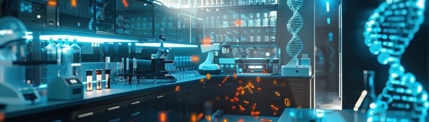 Modern laboratory interior with advanced equipment and digital DNA structures, representing biotechnology and scientific research.