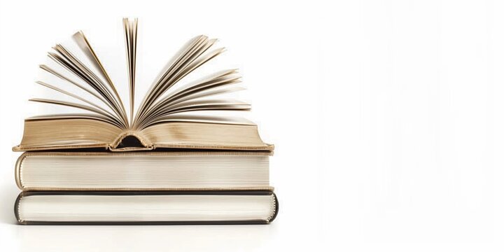 Open Book with Pages Fanned Out. Stacked Books on White Background.
