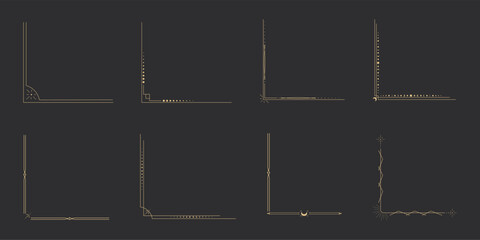 Celestial corner esoteric divider, gold border. Mystical line frame with moon and star. Golden mystic decoration, sparkle stars, sun.  © Alyona