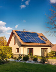 Familly house with solar panels on the roof during the day, producing green renewable energy