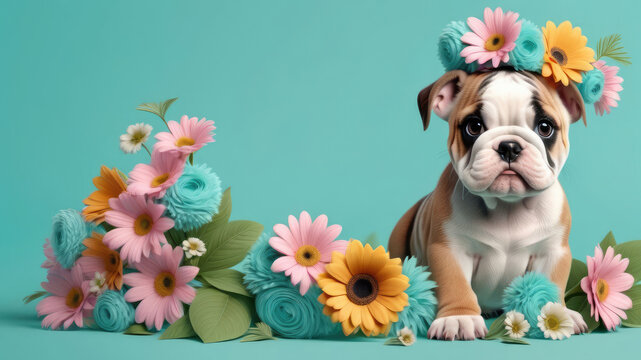 Funny animals card with cute baby bulldog puppy in a floral crown made of flowers on turquoise background.