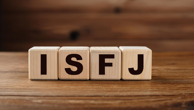 Wooden cubes with text ISFJ on table. Introversion, Sensing, Feeling, Judging. Personality type.