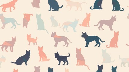 An illustrator design of a minimal dogs and cats pattern, soft pastel colors, near a subtle gradient background
