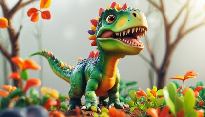Fototapeta premium 3D clipart of a cheerful dinosaur, bright and clean setting, white background, dinosaur with friendly grin, colorful scales, playful pose, bright green and orange