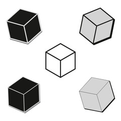 Isometric cube set. Varied shading styles. Geometric vector shapes. Abstract black and white.