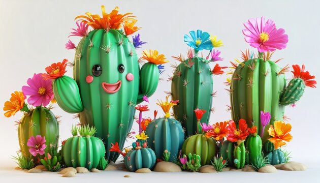 3D clipart of a cheerful cactus, bright and clean setting, white background, cactus with a friendly smile, colorful flowers, playful spines, bright green color