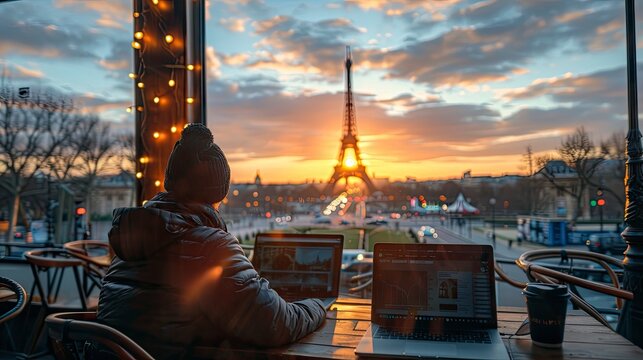A digital entrepreneur developing a business plan on a laptop at a cafÃ© with a view of the Eiffel Tower, surrounded by Parisian charm.