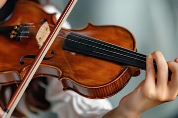 Young musician is playing a violin, the image focusing on their hands and the instrument's wooden body