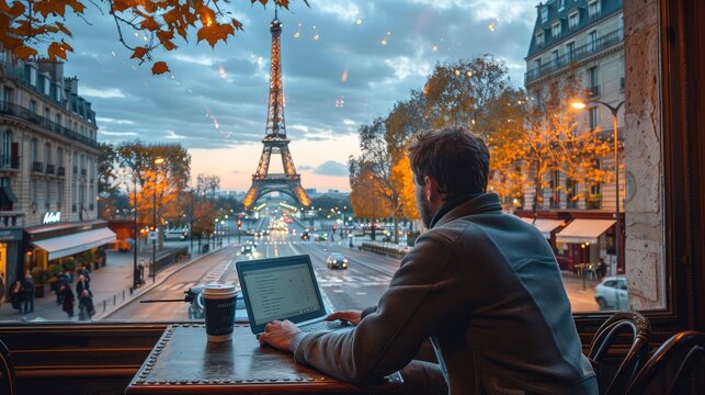 A digital entrepreneur developing a business plan on a laptop at a cafÃ© with a view of the Eiffel Tower, surrounded by Parisian charm.