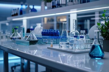 Realistic lab equipment on a sterile countertop including beakers flasks and pipettes high-definition clarity. Laboratory.