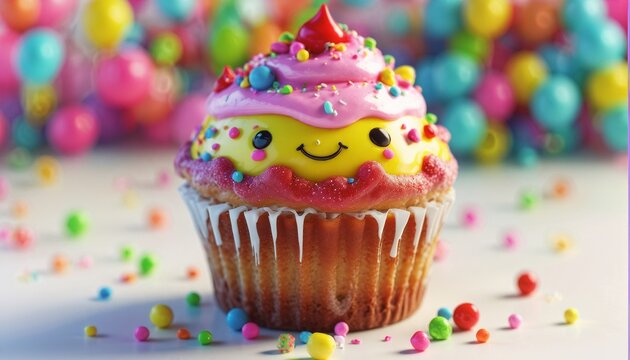 3D Clipart Of A Cheerful Cupcake, Bright And Clean Setting, White Background, Cupcake With Colorful Frosting, Smiling Face, Sprinkles On Top, Vibrant Pastel Colors