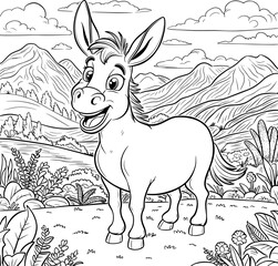 Donkey Coloring pages for kids, Little cute donkey stands and smiles. Coloring book, a little donkey is walking on a forest, around flowers, a forest, fields.