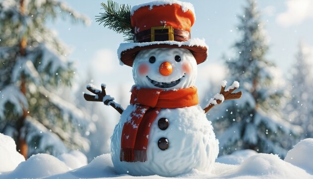 3D clipart of a cheerful snowman, bright and clean setting, white background, snowman with a top hat, carrot nose, smiling face, snowy white body, festive design