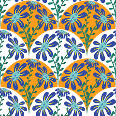 Blue flowers with wave seamless pattern for fabric background 