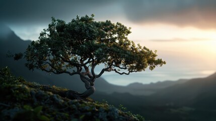Obraz premium A lone, beautifully twisted tree stands on a mountain, overlooking a misty valley. The scene feels serene and timeless, evoking a sense of peace and contemplative solitude.
