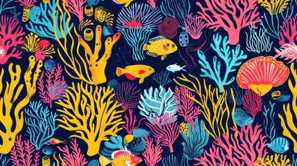 An illustrator design of an ocean pattern, vibrant tropical colors, with free space for text in the center, near a solid color background