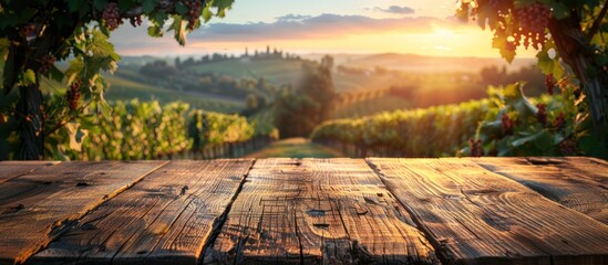 Rustic Wooden Tabletop with Vineyard Sunset Background