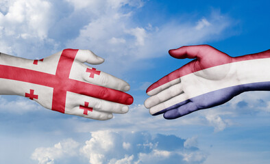 Netherlands and Georgia country handshaking with flags, consensus concept international co-operation illustration