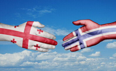 Norway and Georgia country handshaking with flags, consensus concept international co-operation illustration