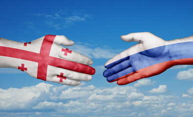 Russian Federation and Georgia country handshaking with flags, consensus concept international co-operation illustration