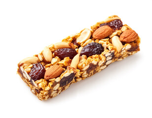 Müsliriegel aus Nüssen und Datteln, isoliert auf weißen Hintergrund, Freisteller 