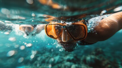 A snorkeler captured in a detailed close-up underwater shot, navigating through clear blue waters...