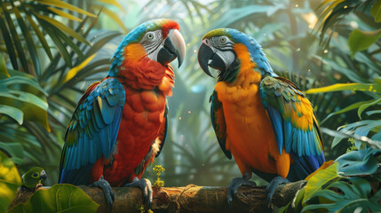 Fototapeta premium Parrot interacting with another bird amidst raw foliage, tropical wildlife, engaging and colorful banner