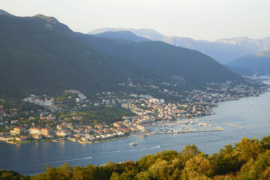 View of the coast of the municipality of Herceg Novi: the villages of Kumbor with the complex of Portonovi, Djenovici and Baosici, built on the shores of the Adriatic Sea at the foot of the mountains.