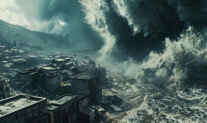 A towering tsunami crashes upon a coastal town, sweeping away buildings and leaving a trail of devastation in its wake