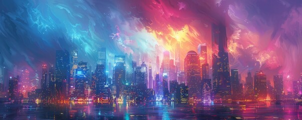 Fototapeta premium Futuristic city nestled among towering skyscrapers with vibrant colors