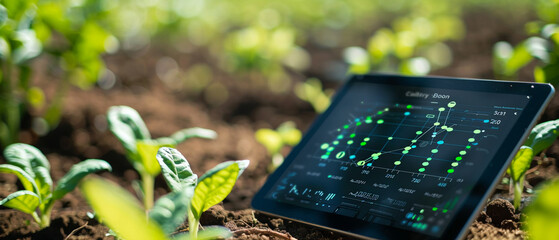 Close-up view of a tablet displaying agricultural analytics