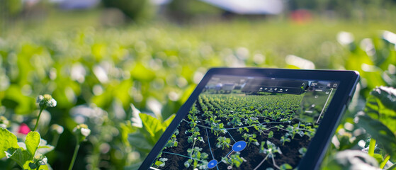 Close-up view of a tablet displaying agricultural analytics
