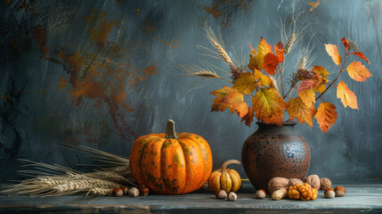 Rustic autumn still life with pumpkin, wheat, nuts, and leaves, dark backdrop, perfect for seasonal themes