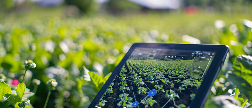 Close-up view of a tablet displaying agricultural analytics