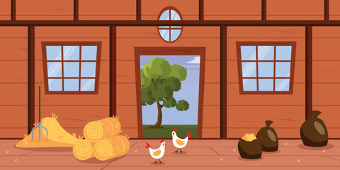 Vector illustration of the interior of a farmhouse. Cartoon scene of a beautiful wooden room with a haystack, sacks of hay, a rake, chickens, a window, an open door, a tree, grass, a sky with clouds. © MVshop