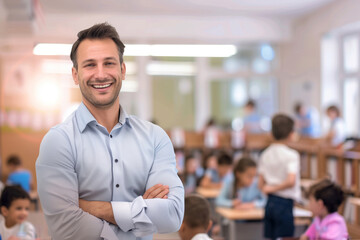 Smiling male teacher against the backdrop of a blurred classroom