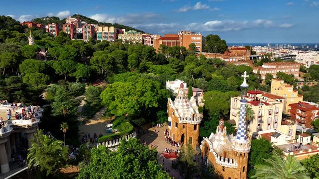 Barcelona landmark in Spain, park Guell in Barcelona, tourism in Spain, aerial view of Barcelona park Guell at sunset