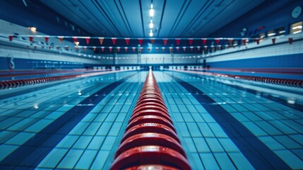 Indoor swimming pool with lane ropes set up for a swim meet in sports arena, with copy space image.
