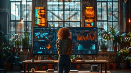 Diverse team examining vibrant charts on a large screen open office space realistic natural light high detail