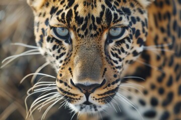 Naklejka premium Close up portrait of a leopard staring intensely with piercing blue eyes