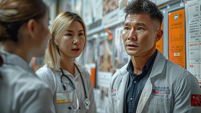 Hyper-Realistic Healthcare Workers in Clinic Discussing Dengue Fever Prevention and Treatment | Ultrarealistic Digital Art with Educational Posters and Materials on Wall in 8K Resolution