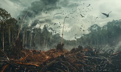 Deforestation and habitat loss: Portray the destruction of forests and the displacement of wildlife