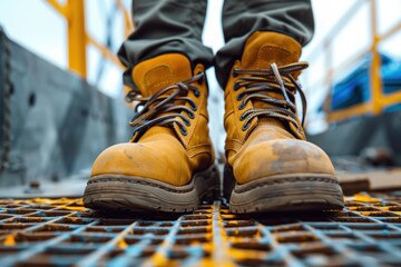 Construction worker wearing yellow boots standing on metal grate
