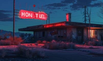 Derelict motel with boarded-up windows and faded neon sign, stories of transient lives