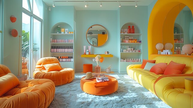 An online seller promoting products through a live stream in a bright, colorful room with neatly arranged merchandise. 